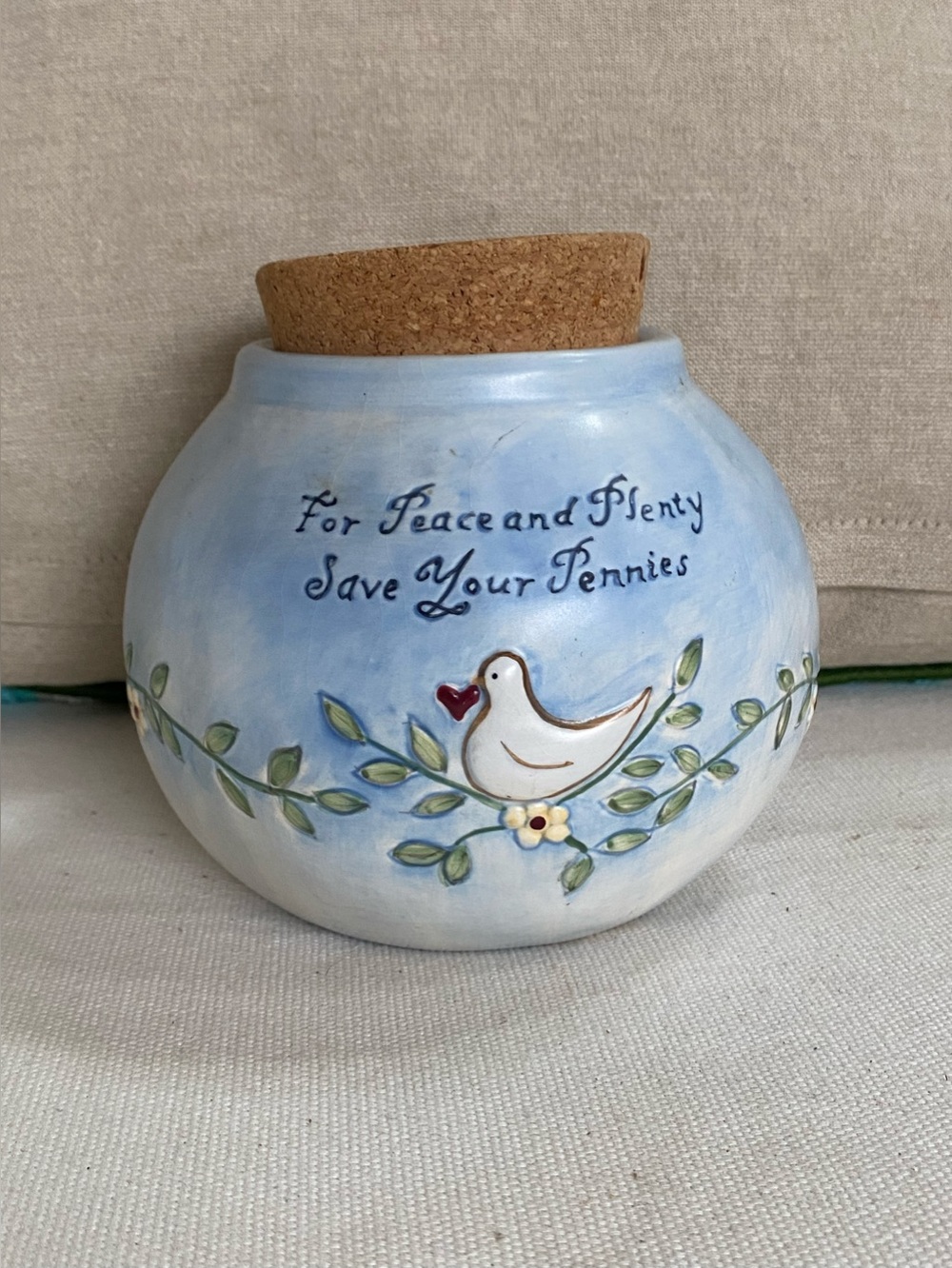 VTG 1980s Russ Berrie Save Your Pennies Stoneware Crock Bank with Cork Lid